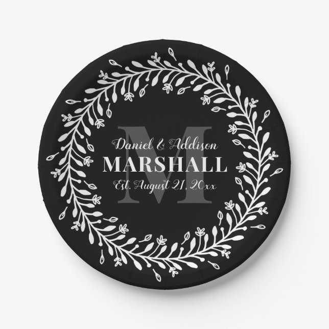Keepsake Newlywed Couple Wreath Monogram Name Paper Plates (Front)