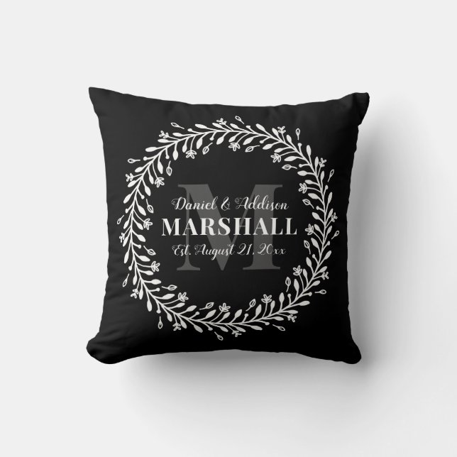 Keepsake Newlywed Couple Wreath Monogram Name Throw Pillow (Front)