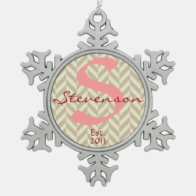 Keepsake Ornament Name & Year, Pink Gray Chevron (Front)
