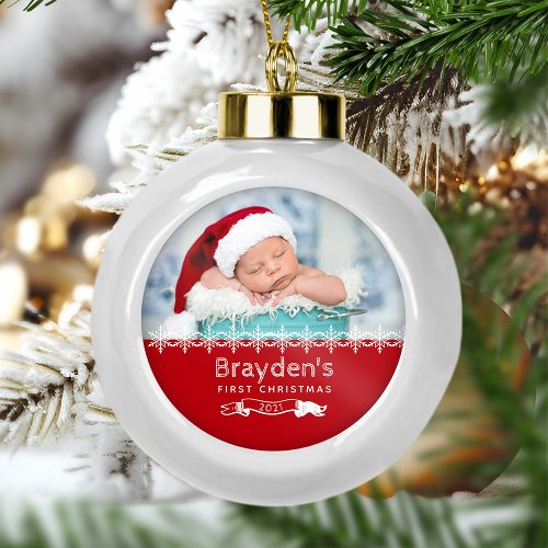 Keepsake Photo Babys First Christmas Red Ceramic Ball Christmas Ornament