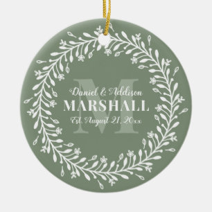 Keepsake Photo Newlywed Couple Green Monogram Ceramic Ornament