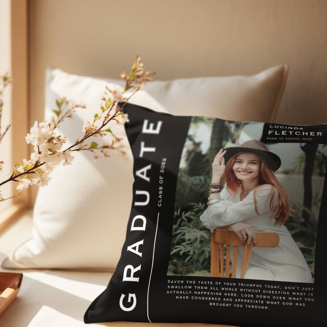Keepsake Photo & Quote Graduation Gift Black Throw Pillow (Creator Uploaded)