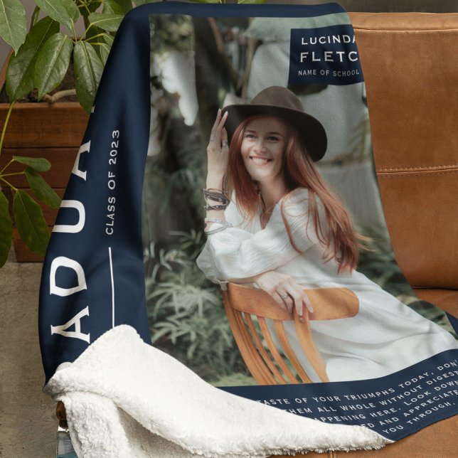 Keepsake Photo & Quote Graduation Gift Navy Blue Fleece Blanket (Creator Uploaded)