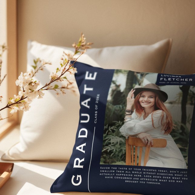Keepsake Photo & Quote Graduation Gift Navy Throw Pillow (Creator Uploaded)
