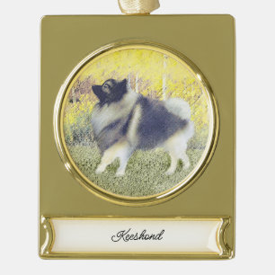 Keeshond Aspen Painting - Cute Original Dog Art Gold Plated Banner Ornament