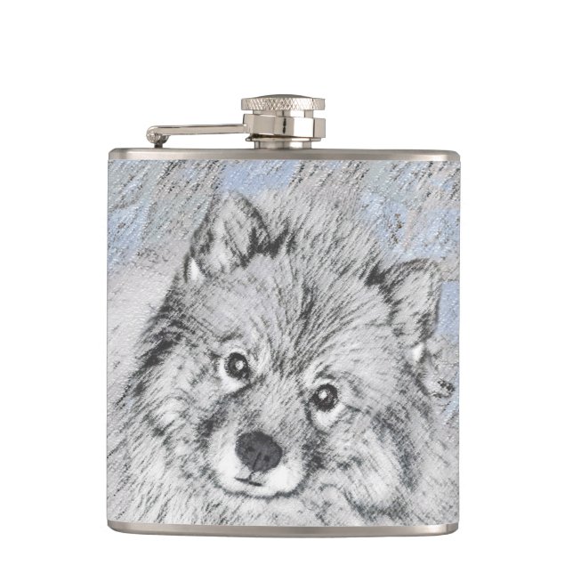 Keeshond Beth Painting - Cute Original Dog Art Flask (Front)
