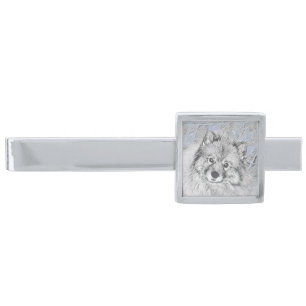 Keeshond Beth Painting - Cute Original Dog Art Silver Finish Tie Bar