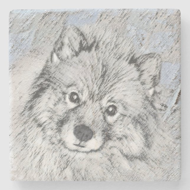 Keeshond Beth Painting - Cute Original Dog Art Stone Coaster (Front)