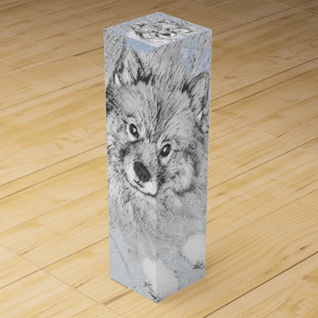 Keeshond Beth Painting - Cute Original Dog Art Wine Box (Front)