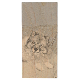 Keeshond Beth Painting - Cute Original Dog Art Wood Flash Drive