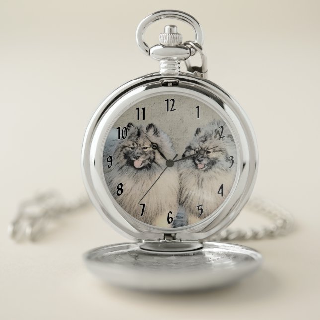 Keeshond Brothers Painting - Original Dog Art Pocket Watch (Inside)