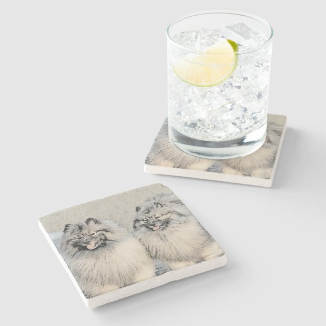 Keeshond Brothers Painting - Original Dog Art Stone Coaster (Side)