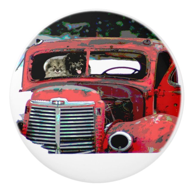 Keeshond Christmas Old Truck Painting Dog Art Ceramic Knob (Front)
