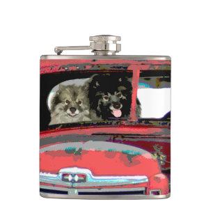 Keeshond Christmas Old Truck Painting Dog Art Flask