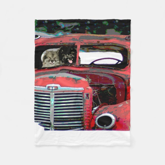 Keeshond Christmas Old Truck Painting Dog Art Fleece Blanket (Front)