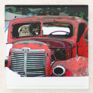 Keeshond Christmas Old Truck Painting Dog Art Glass Coaster