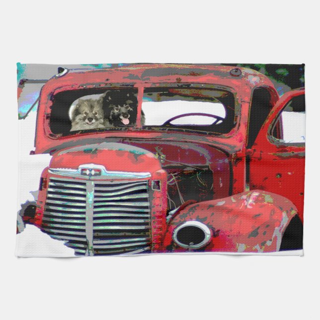 Keeshond Christmas Old Truck Painting Dog Art Kitchen Towel (Horizontal)