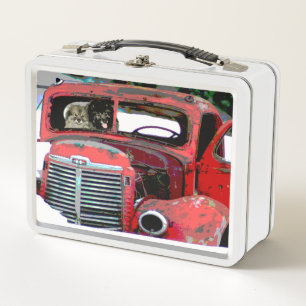 Keeshond Christmas Old Truck Painting Dog Art Metal Lunch Box