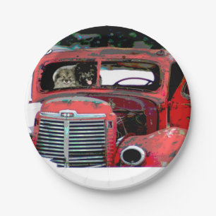 Keeshond Christmas Old Truck Painting Dog Art Paper Plates