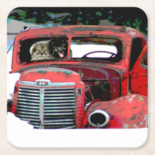 Keeshond Christmas Old Truck Painting Dog Art Square Paper Coaster