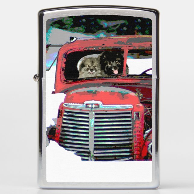 Keeshond Christmas Old Truck Painting Dog Art Zippo Lighter (Front)
