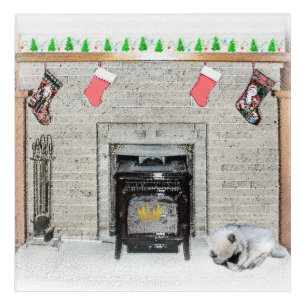Keeshond Christmas Puppy Dog by Fireplace Painting Acrylic Print