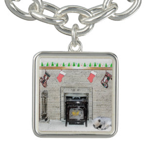 Keeshond Christmas Puppy Dog by Fireplace Painting Bracelet