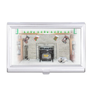 Keeshond Christmas Puppy Dog by Fireplace Painting Business Card Case