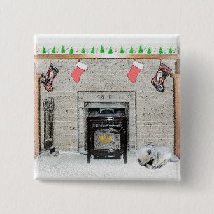 Keeshond Christmas Puppy Dog by Fireplace Painting Button