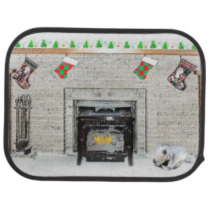 Keeshond Christmas Puppy Dog by Fireplace Painting Car Floor Mat