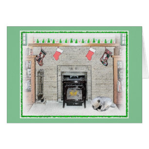 Keeshond Christmas Puppy Dog by Fireplace Painting Cards