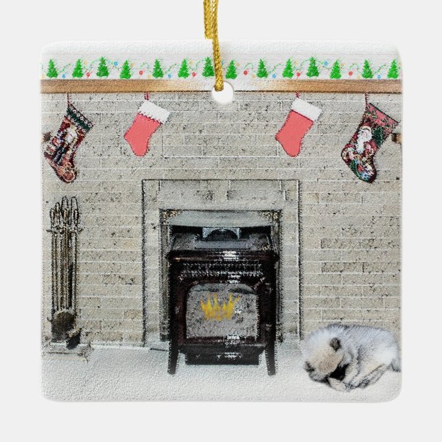 Keeshond Christmas Puppy Dog by Fireplace Painting Ceramic Ornament (Front)