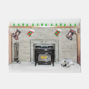 Keeshond Christmas Puppy Dog by Fireplace Painting Doormat