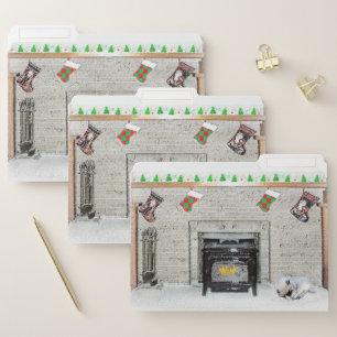 Keeshond Christmas Puppy Dog by Fireplace Painting File Folder