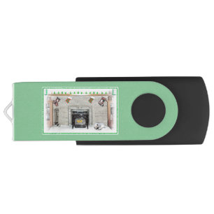 Keeshond Christmas Puppy Dog by Fireplace Painting Flash Drive