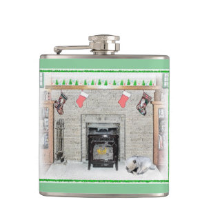 Keeshond Christmas Puppy Dog by Fireplace Painting Flask