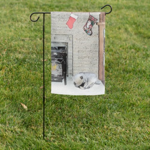 Keeshond Christmas Puppy Dog by Fireplace Painting Garden Flag