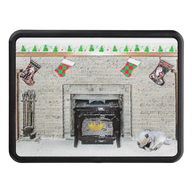 Keeshond Christmas Puppy Dog by Fireplace Painting Hitch Cover (Front)