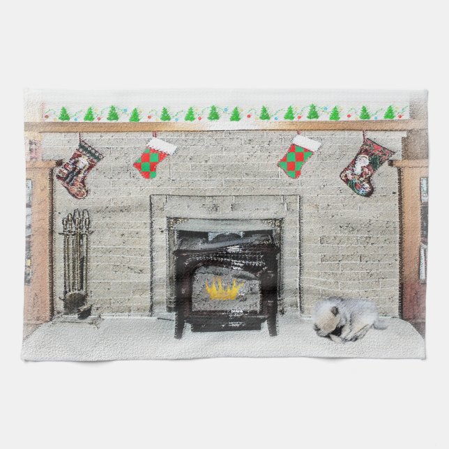 Keeshond Christmas Puppy Dog by Fireplace Painting Kitchen Towel (Horizontal)