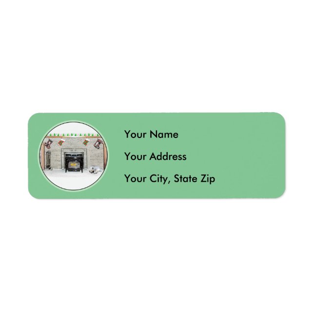 Keeshond Christmas Puppy Dog by Fireplace Painting Label (Front)