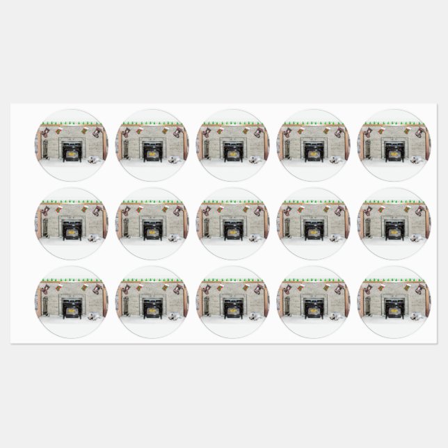 Keeshond Christmas Puppy Dog by Fireplace Painting Labels (Sheet)
