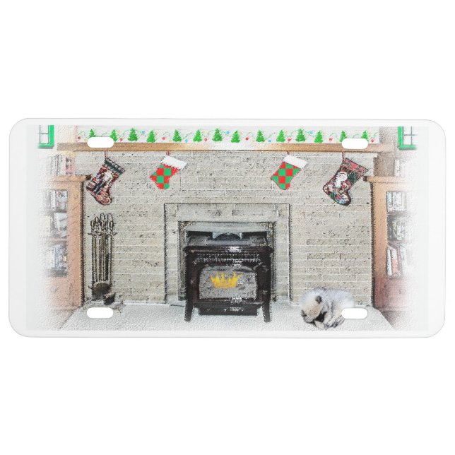 Keeshond Christmas Puppy Dog by Fireplace Painting License Plate (Front)