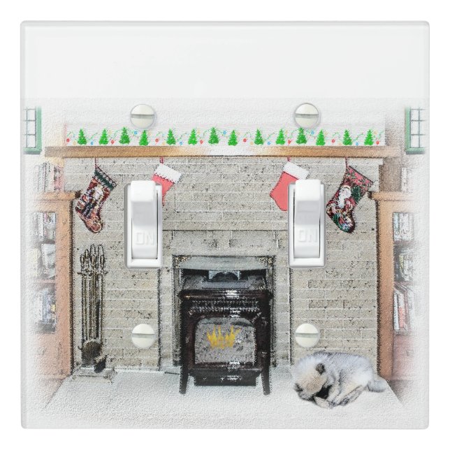 Keeshond Christmas Puppy Dog by Fireplace Painting Light Switch Cover (In Situ)