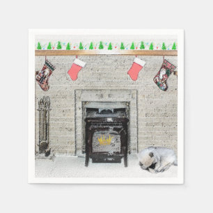 Keeshond Christmas Puppy Dog by Fireplace Painting Napkins