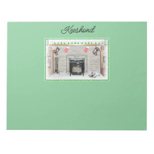 Keeshond Christmas Puppy Dog by Fireplace Painting Notepad