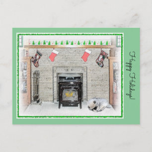 Keeshond Christmas Puppy Dog by Fireplace Painting Postcard