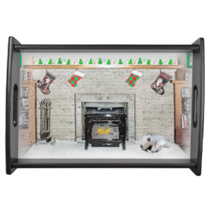 Keeshond Christmas Puppy Dog by Fireplace Painting Serving Tray