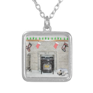 Keeshond Christmas Puppy Dog by Fireplace Painting Silver Plated Necklace