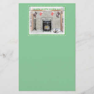 Keeshond Christmas Puppy Dog by Fireplace Painting Stationery