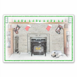 Keeshond Christmas Puppy Dog by Fireplace Painting Sticker